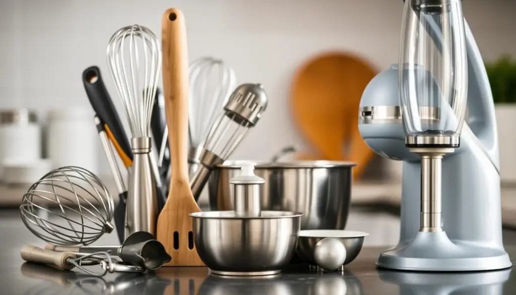 A well-stocked kitchen counter with an array of essential cooking tools, including a whisk, spatula, hand mixer, and handheld blender. The tools are arranged in a visually appealing composition, with soft, even lighting illuminating their metallic surfaces. The background is blurred, creating a sense of focus on the foreground elements. The overall mood is one of efficiency and problem-solving, conveying the message that these tools can help rescue a failed cream sauce or custard. A well-stocked kitchen counter with an array of essential cooking tools, including a whisk, spatula, hand mixer, and handheld blender. The tools are arranged in a visually appealing composition, with soft, even lighting illuminating their metallic surfaces. The background is blurred, creating a sense of focus on the foreground elements. The overall mood is one of efficiency and problem-solving, conveying the message that these tools can help rescue a failed cream sauce or custard.