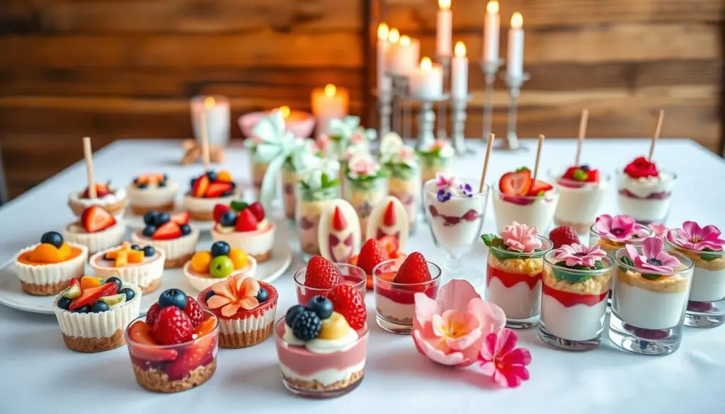 A whimsical display of creative dessert alternatives for a child's birthday celebration. In the foreground, an assortment of colorful, artfully presented treats - mini fruit tarts, bite-sized cheesecakes, and individual parfaits layered with vibrant berries and creamy custards. The middle ground showcases a selection of playful, unconventional desserts, such as frozen fruit skewers, dessert sushi, and edible flower-adorned panna cottas. In the background, a festive table setting with ribbon-tied napkins, candles, and a rustic, wooden backdrop, creating a warm, inviting atmosphere. Soft, diffused lighting illuminates the scene, highlighting the textures and vibrant hues of the desserts. An image that inspires creativity and celebrates the joy of a child's special day. A whimsical display of creative dessert alternatives for a child's birthday celebration. In the foreground, an assortment of colorful, artfully presented treats - mini fruit tarts, bite-sized cheesecakes, and individual parfaits layered with vibrant berries and creamy custards. The middle ground showcases a selection of playful, unconventional desserts, such as frozen fruit skewers, dessert sushi, and edible flower-adorned panna cottas. In the background, a festive table setting with ribbon-tied napkins, candles, and a rustic, wooden backdrop, creating a warm, inviting atmosphere. Soft, diffused lighting illuminates the scene, highlighting the textures and vibrant hues of the desserts. An image that inspires creativity and celebrates the joy of a child's special day.