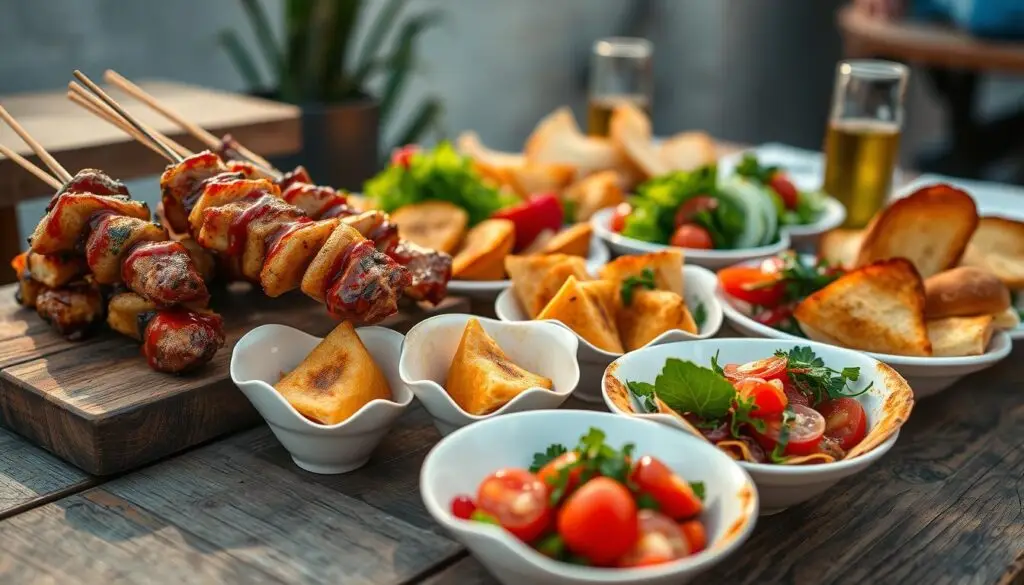 Delectable appetizers on a warm evening: a tantalizing array of small bites, artfully arranged on a rustic wooden table. Sizzling skewers of tender meat and vegetables, drizzled with a rich, flavorful sauce. Crisp, golden-fried pastry puffs, their surfaces glistening with a light glaze. Vibrant, colorful salads, fresh herbs and vibrant greens cascading over the edges of elegant serving dishes. Soft, crusty bread, its fragrance wafting through the air, inviting guests to indulge. Mood lighting casts a warm, cozy glow, setting the stage for an unforgettable dining experience. Soft, natural shadows accentuate the textures and colors, creating depth and dimension. Captured with a wide-angle lens, showcasing the tantalizing spread in all its glory. Delectable appetizers on a warm evening: a tantalizing array of small bites, artfully arranged on a rustic wooden table. Sizzling skewers of tender meat and vegetables, drizzled with a rich, flavorful sauce. Crisp, golden-fried pastry puffs, their surfaces glistening with a light glaze. Vibrant, colorful salads, fresh herbs and vibrant greens cascading over the edges of elegant serving dishes. Soft, crusty bread, its fragrance wafting through the air, inviting guests to indulge. Mood lighting casts a warm, cozy glow, setting the stage for an unforgettable dining experience. Soft, natural shadows accentuate the textures and colors, creating depth and dimension. Captured with a wide-angle lens, showcasing the tantalizing spread in all its glory.