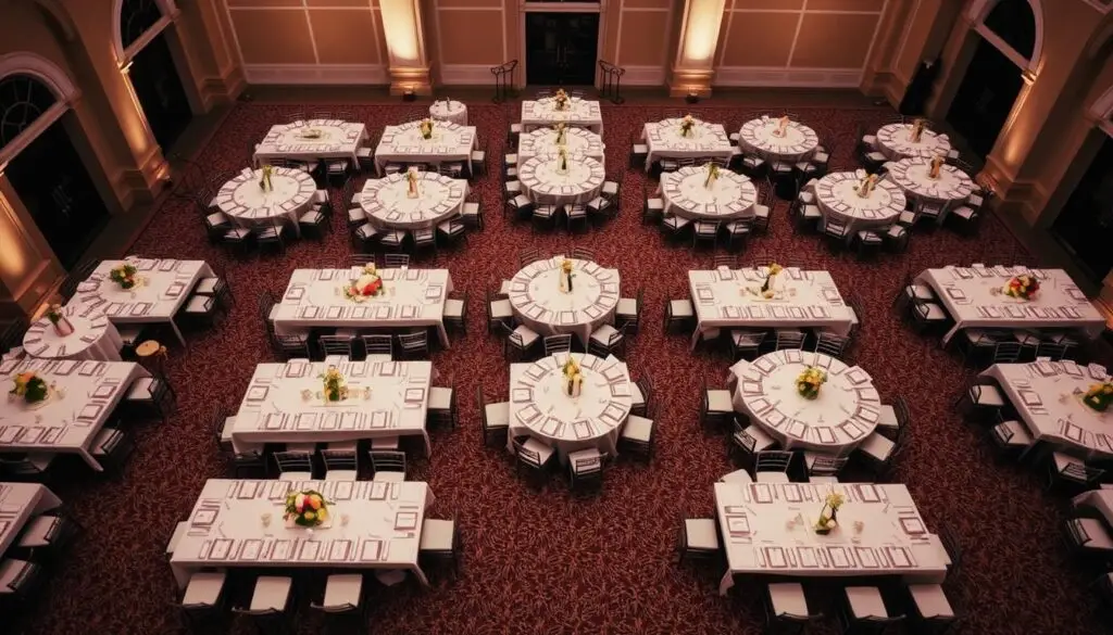 Detailed seating arrangement for a wedding reception with rectangular tables. A top-down view of a spacious venue with neat rows of rectangular tables, each adorned with elegant place settings and centerpieces. Guests' names are displayed on elegant place cards, carefully arranged to optimize conversation and flow. The lighting is soft and warm, creating a cozy, celebratory atmosphere. The background features subtle architectural elements that complement the event's sophistication. The overall composition conveys a sense of organization, attention to detail, and a thoughtful approach to accommodating and engaging the wedding guests.