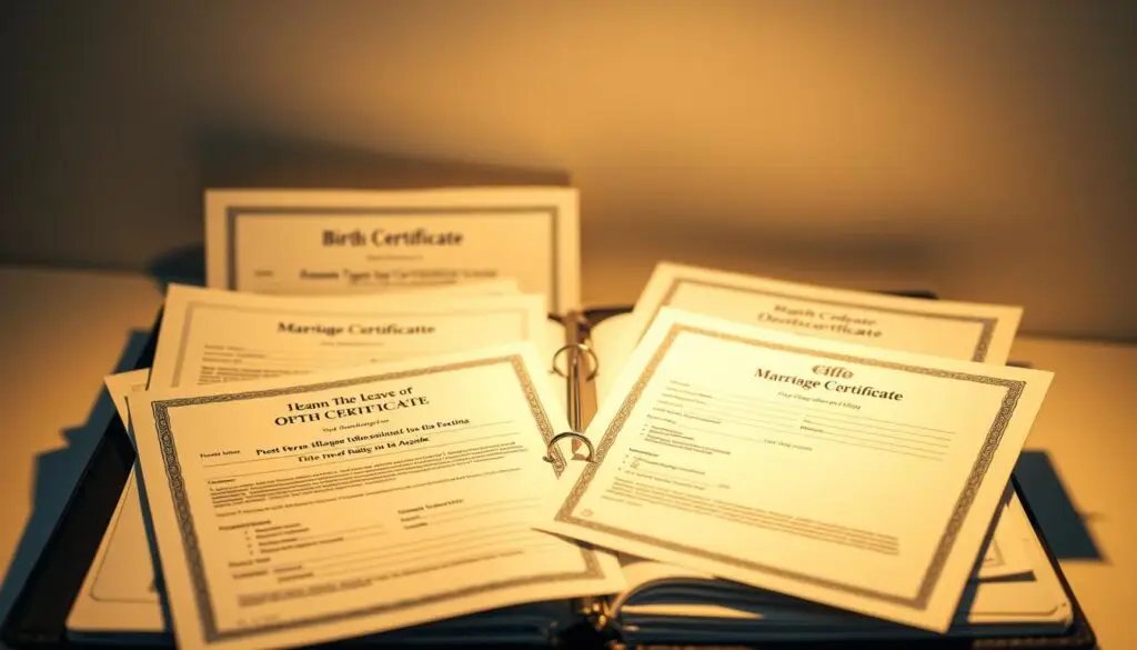 High-resolution image of an open folder or binder filled with various official-looking documents, including birth certificates, marriage certificates, and other forms relevant to planning a wedding and taking time off work. The documents should be arranged neatly, with a sense of organization and importance. Soft, warm lighting illuminates the scene, creating a professional and administrative atmosphere. The background should be clean and uncluttered, allowing the documents to be the focal point. The overall composition should convey the essential paperwork required for a wedding-related leave of absence.