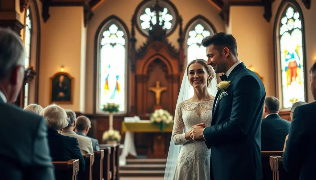 Intimate and serene indoor wedding ceremony of Polish soccer player Robert Lewandowski and his wife. Camera captured the couple exchanging vows in a sunlit chapel, with ornate wooden altarpiece and stained glass windows in the background. Warm, soft lighting casts a gentle glow, while guests watch reverently from pews. The bride's elegant lace dress and the groom's crisp tuxedo are the focal points, conveying a sense of joy and solemnity. The image evokes the private, emotional atmosphere of this significant life event. Intimate and serene indoor wedding ceremony of Polish soccer player Robert Lewandowski and his wife. Camera captured the couple exchanging vows in a sunlit chapel, with ornate wooden altarpiece and stained glass windows in the background. Warm, soft lighting casts a gentle glow, while guests watch reverently from pews. The bride's elegant lace dress and the groom's crisp tuxedo are the focal points, conveying a sense of joy and solemnity. The image evokes the private, emotional atmosphere of this significant life event.