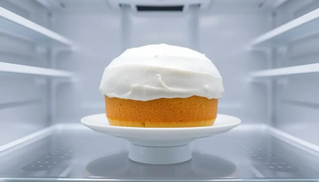 A chilled, delicate cake sitting atop a white porcelain dish, its airy sugar frosting glistening under the soft, even lighting of a modern refrigerator interior. The cake appears freshly baked, the frosting still maintaining its smooth, pillowy texture, undisturbed by the cool, circulating air. The background is a clean, minimalist expanse of white shelves, hinting at the careful storage and preservation of this delicate dessert. The overall scene conveys a sense of tranquility and the gentle protection afforded by the refrigerator, allowing the cake's flavors and texture to be optimally preserved.