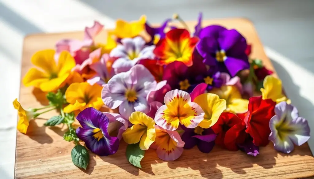 A close-up shot of an assortment of vibrant, edible flowers delicately arranged on a wooden cutting board. The flowers, including edible pansies, nasturtiums, and violets, are meticulously cleaned and prepared, their petals glistening with a light mist. The lighting is soft and natural, casting gentle shadows that emphasize the three-dimensional textures of the flowers. The composition is balanced, with the flowers occupying the foreground, while the middle ground features a clean, minimalist backdrop, allowing the beauty of the blossoms to take center stage. The overall mood is one of tranquility and attention to detail, perfectly capturing the process of preparing edible flowers for a cake or dessert. A close-up shot of an assortment of vibrant, edible flowers delicately arranged on a wooden cutting board. The flowers, including edible pansies, nasturtiums, and violets, are meticulously cleaned and prepared, their petals glistening with a light mist. The lighting is soft and natural, casting gentle shadows that emphasize the three-dimensional textures of the flowers. The composition is balanced, with the flowers occupying the foreground, while the middle ground features a clean, minimalist backdrop, allowing the beauty of the blossoms to take center stage. The overall mood is one of tranquility and attention to detail, perfectly capturing the process of preparing edible flowers for a cake or dessert.