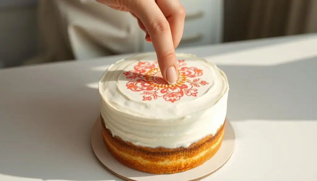 A close-up view of a hand carefully applying a delicate, edible sugar print onto the surface of a freshly frosted white cake. The print is vibrant and detailed, with intricate patterns and designs. The cake is positioned on a clean, minimalist surface, allowing the focus to remain solely on the application process. Soft, natural lighting illuminates the scene, creating a warm, inviting atmosphere. The angle of the shot is slightly elevated, providing a clear view of the meticulous hand movements as the sugar print is gently pressed into place, ensuring a seamless and professional-looking finish.