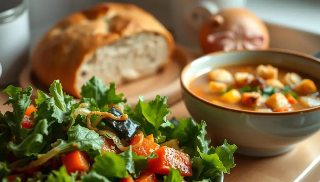 A cozy kitchen scene showcasing a variety of quick-to-prepare soups and salads for unexpected guests. In the foreground, a vibrant green leafy salad with fresh vegetables, drizzled with a tantalizing vinaigrette dressing. Next to it, a steaming bowl of hearty vegetable soup, its rich broth topped with crisp croutons. In the middle ground, a freshly baked bread loaf, its crust glistening, accompanies the dishes. Soft, diffused lighting casts a warm glow over the scene, creating an inviting and appetizing atmosphere. The composition emphasizes the ease and simplicity of whipping up these nourishing and delightful bites for unexpected company.