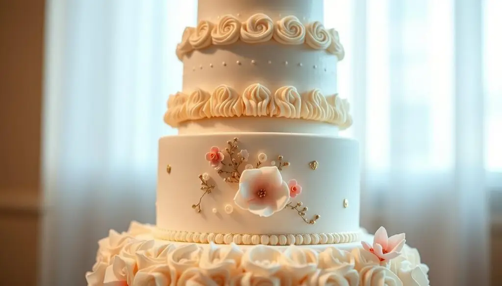 A meticulously crafted multi-tiered cake, expertly decorated with professional techniques. The foreground showcases intricate piping, delicate fondant ruffles, and delicate sugar flowers cascading down the tiers. The middle ground features a clean, elegant white fondant base, accented with precisely placed gold leaf details. In the background, a soft, diffused lighting creates a warm, inviting atmosphere, highlighting the cake's exquisite textures and dimensions. The composition emphasizes the cake's beautiful, polished appearance, capturing the essence of a truly professional, showstopping dessert centerpiece.