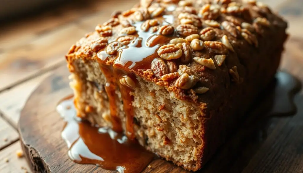A moist and flavorful nut cake sits on a rustic wooden surface, drizzled with a rich, glossy syrup that soaks into the spongy layers. The warm lighting casts a cozy, inviting glow, highlighting the intricate textures of the cake's surface - the crunch of toasted nuts, the soft, dense crumb, and the sheen of the syrup. The camera angle is low, drawing the viewer's eye to the enticing details of the cake's construction, showcasing the methods used to infuse it with moisture and flavor. An atmosphere of comforting indulgence pervades the scene, inviting the viewer to imagine the satisfying experience of savoring each bite.