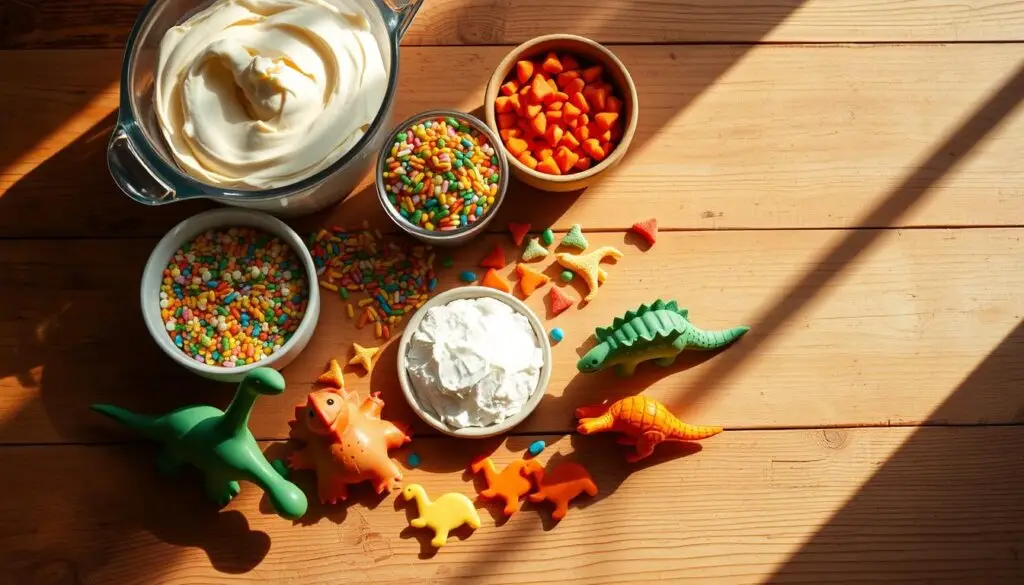 A neatly arranged assortment of ingredients for a dinosaur-themed cake, including freshly creamed batter, colorful sprinkles, and fondant shapes. The items are displayed on a rustic wooden table, bathed in warm, natural lighting that casts soft shadows. The overall scene conveys a sense of playfulness and whimsy, setting the stage for the creation of a delightful, prehistoric-inspired dessert.
