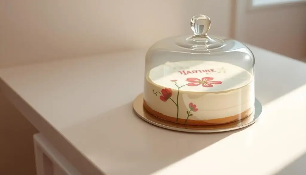 A neatly arranged cake, its surface adorned with a delicate sugar print, rests on a clean, white counter. Soft, natural lighting filters in through a nearby window, casting a warm glow on the dessert. The cake is positioned slightly off-center, allowing for a sense of balance and visual interest. The sugar print, a vivid and intricate design, stands out against the smooth buttercream frosting. A glass cake dome covers the confection, preserving its freshness and protecting the intricate sugar decoration. The overall scene conveys a sense of careful preservation, highlighting the importance of proper storage and handling for cakes with delicate sugar prints.