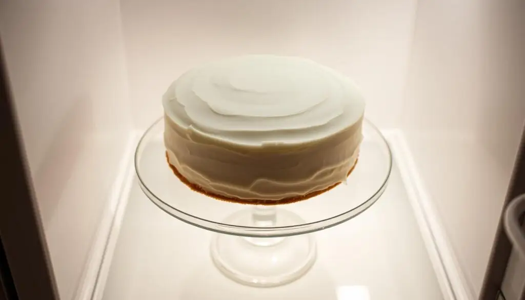 A neatly arranged cake with a smooth, glossy sugar frosting sits atop a glass cake stand in a well-lit refrigerator. The scene is captured from a slight overhead angle, showcasing the cake's elegant presentation. The refrigerator's interior is illuminated, casting a soft, even light on the dessert. The background is clean and uncluttered, allowing the cake to take center stage. The image conveys a sense of care and attention to proper storage, with the cake protected from drying out or absorbing unwanted flavors in the refrigerated environment.