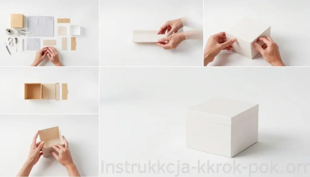 A neatly arranged step-by-step tutorial showing the construction of a beautifully crafted cake box. The foreground depicts the box-making process, with hands carefully measuring, cutting, and assembling the intricate components. The middle ground showcases the completed box from various angles, highlighting its sleek, minimalist design and precise construction. The background features a clean, softly lit studio setting, allowing the box to take center stage. The overall scene conveys a sense of meticulous craftsmanship and DIY satisfaction, perfectly capturing the essence of the "Instrukcja krok po kroku" section.