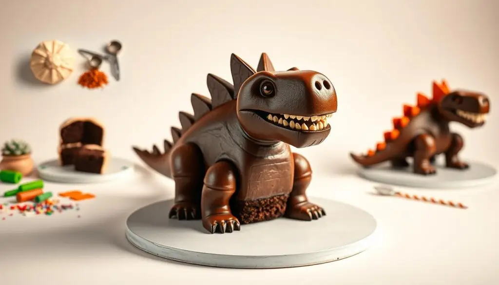 A step-by-step visual guide to crafting a delightful dinosaur-shaped cake. In the foreground, a detailed sculptural cake, its layers stacked and carved to form the distinctive head and body of a friendly-looking dino. Warm, soft lighting illuminates the rich chocolate cake and smooth buttercream frosting, creating an appetizing, inviting scene. In the middle ground, various decorative elements come into focus - fondant scales, candy claws, and colorful sprinkles bring the dinosaur to life. The background is a clean, bright studio setting, allowing the luscious cake to take center stage. The overall mood is one of playful whimsy, inspiring the viewer to get creative in the kitchen and bring their own unique dinosaur cake to life.