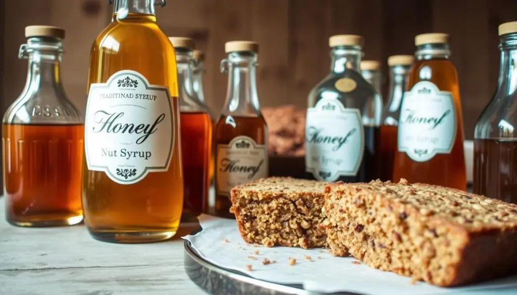 A tempting array of traditional syrups for a moist, flavorful nut cake. In the foreground, a collection of glass bottles filled with amber, honey-hued syrups, their labels featuring elegant calligraphy. The middle ground showcases slices of the cake, its rich, nutty crumb glistening with the syrups' sheen. The background is a soft, warm-toned setting, suggesting a cozy, homemade ambiance. Soft, directional lighting casts gentle shadows, accentuating the depth and texture of the scene. The overall mood is one of rustic elegance, inviting the viewer to imagine the decadent flavors of this classic nut cake.