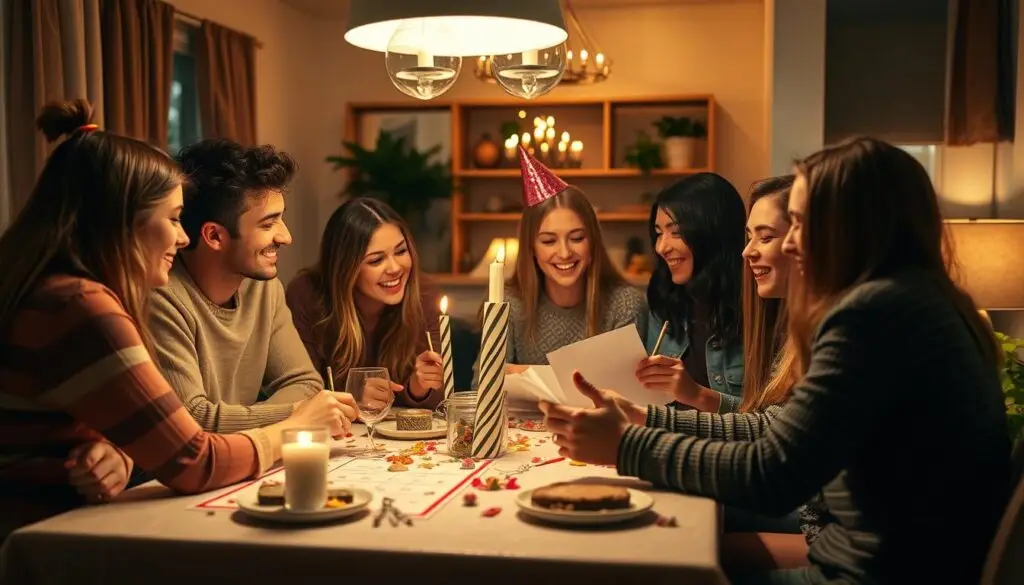 A warm, cozy indoor scene featuring a group of young adults gathered around a table, planning a birthday party. The lighting is soft and inviting, with a mix of natural and ambient lighting. The table is adorned with birthday decor, and the guests are engaged in lively conversation, exchanging ideas and making notes on a list. The overall mood is one of excitement and anticipation, with a touch of sentimentality as they celebrate the milestone of an 18th birthday. The composition balances the group dynamic with individual expressions, capturing the nuances of the planning process. A warm, cozy indoor scene featuring a group of young adults gathered around a table, planning a birthday party. The lighting is soft and inviting, with a mix of natural and ambient lighting. The table is adorned with birthday decor, and the guests are engaged in lively conversation, exchanging ideas and making notes on a list. The overall mood is one of excitement and anticipation, with a touch of sentimentality as they celebrate the milestone of an 18th birthday. The composition balances the group dynamic with individual expressions, capturing the nuances of the planning process.