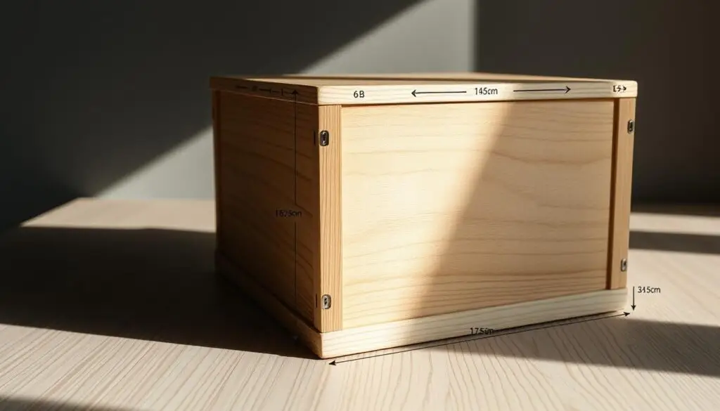 Detailed wooden box with precise measurements, displaying the dimensions of a cake box. Neutral-toned wooden surface with natural grain textures. Clear layout showing the length, width, and height parameters in a clean, organized manner. Dramatic lighting from an angle, casting subtle shadows to emphasize the three-dimensional form. High-resolution close-up view, captured with a professional camera lens to highlight the intricate details. Serene, minimalist atmosphere to showcase the technical specifications of the cake box design.