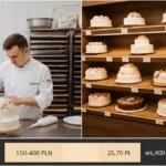 Porównanie ceny tortu weselnego z cukierni rzemieślniczej i sieci handlowej z tabelą kosztów