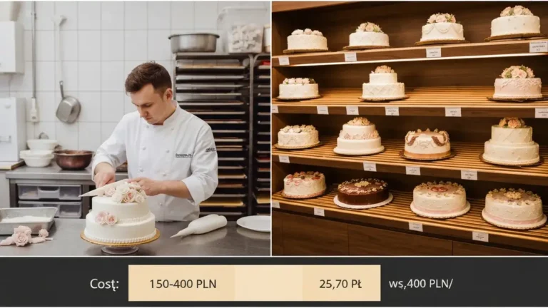 Porównanie ceny tortu weselnego z cukierni rzemieślniczej i sieci handlowej z tabelą kosztów