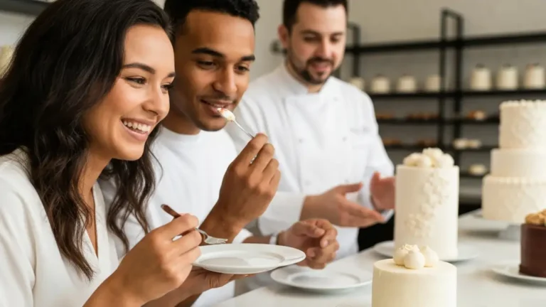 Młoda para podczas degustacji różnych tortów weselnych w nowoczesnej cukierni, z uśmiechem skosztowała próbkę klasycznego biszkoptu