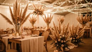 Sala weselna udekorowana w stylu boho z pampasgrass, naturalnymi kwiatami, lampkami girlandowymi i lnianymi biegnikami na stołach