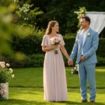 Kobieta i mężczyzna elegancko ubrani na ślubie plenerowym w ogrodzie, w pastelowych, lekkich ubraniach