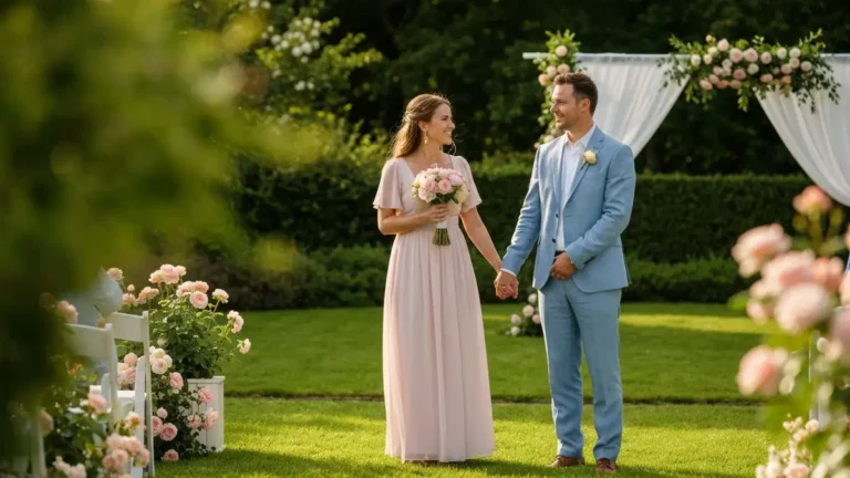 Kobieta i mężczyzna elegancko ubrani na ślubie plenerowym w ogrodzie, w pastelowych, lekkich ubraniach