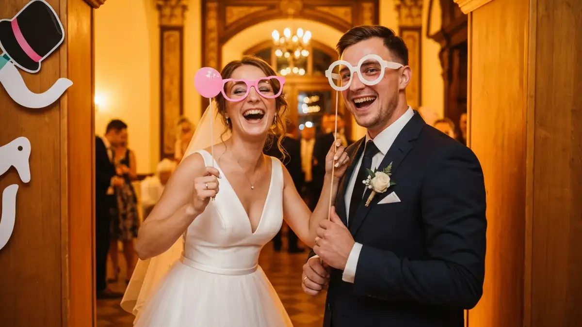Para młoda bawi się w foto-budce na weselu, pozując do zdjęć z rekwizytami