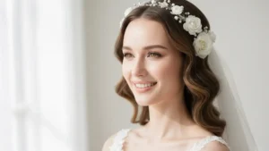 Fryzura ślubna 2026 - panna młoda z eleganckimi falami i kwiatami we włosach