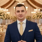 Mężczyzna w eleganckim garniturze granatowym, białej koszuli i krawacie złotym na tle udekorowanej sali weselnej