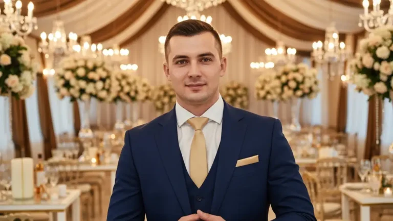 Mężczyzna w eleganckim garniturze granatowym, białej koszuli i krawacie złotym na tle udekorowanej sali weselnej