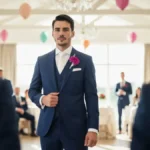 Elegancki mezczyzna w granatowym garniturze weselnym z poszetka i butonierka, stylizacja na wesele 2026