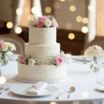 Elegancki tort weselny trzypiętrowy z dekoracją z zywych kwiatow na stole weselnym