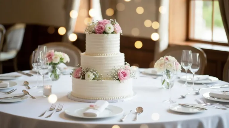 Elegancki tort weselny trzypiętrowy z dekoracją z zywych kwiatow na stole weselnym