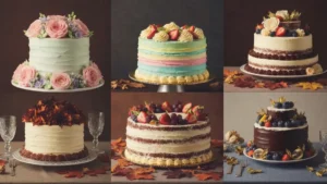 Cztery sezonowe torty weselne: wiosenny tort z malina, letni tort z owocami, jesienny tort z karmelем, zimowy tort czekoladowy, na tle kolorystyki sezonowej