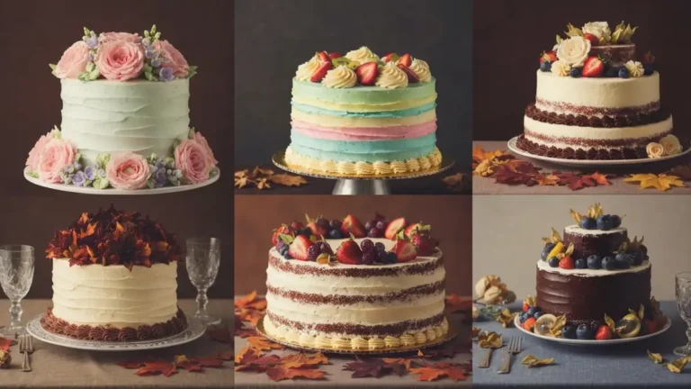 Cztery sezonowe torty weselne: wiosenny tort z malina, letni tort z owocami, jesienny tort z karmelем, zimowy tort czekoladowy, na tle kolorystyki sezonowej