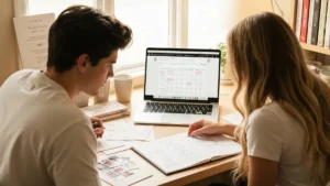 Młoda para planuje ślub razem przy laptopie z listą kontrolną i kalendarzem na stole
