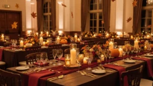 Elegancka sala weselna z jesiennymi dekoracjami - dynie, świece, liście w kolorach brązu i złota