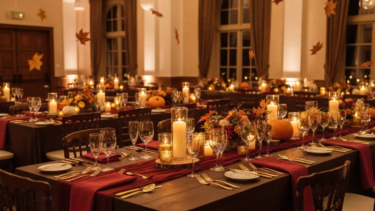 Elegancka sala weselna z jesiennymi dekoracjami - dynie, świece, liście w kolorach brązu i złota