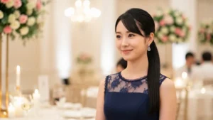 Kobieta w eleganckiej, nieduzej sukni w granatowym kolorze stojąca na weselu, tło dekoracje stołu weselnego