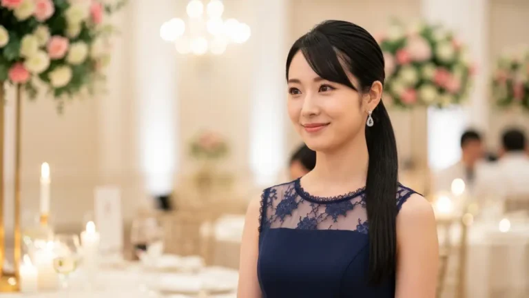 Kobieta w eleganckiej, nieduzej sukni w granatowym kolorze stojąca na weselu, tło dekoracje stołu weselnego