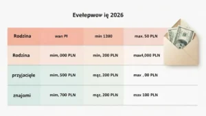 Tabela kwot koperty weselnej 2026 z podziałem na typy relacji i wysokość darów pieniężnych