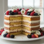 Piękny naked cake na wesele z owocami i kwiatami, odsłanięte warstwy biszkoptu i masy, na białym talerzu