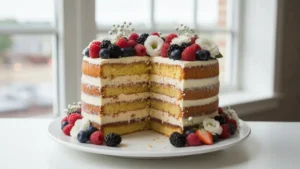Piękny naked cake na wesele z owocami i kwiatami, odsłanięte warstwy biszkoptu i masy, na białym talerzu