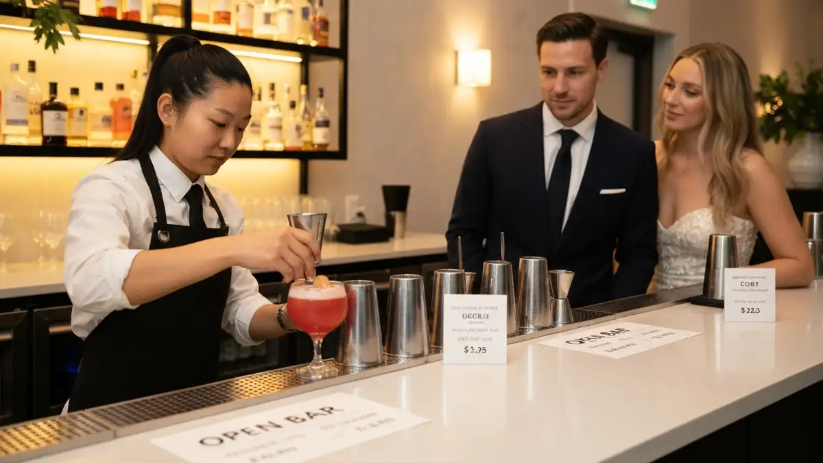 Barman przygotowujący koktajl na weselu z open barem, liczby kosztów na tle