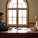 Przebieg rozmowy przedmałżeńskiej w kościele - para rozmawiająca z księdzem