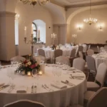 Elegancka sala weselna w Krakowie z białymi obrusami, świecami i dekoracjami kwiatowymi