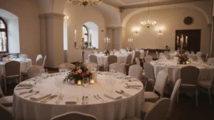 Elegancka sala weselna w Krakowie z białymi obrusami, świecami i dekoracjami kwiatowymi