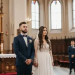 Para młoda przed ołtarzem kościoła podczas ceremonii ślubu konkordatowego, urzędnik stanu cywilnego w tle
