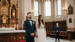 Para młoda przed ołtarzem kościoła podczas ceremonii ślubu konkordatowego, urzędnik stanu cywilnego w tle