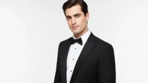 Pana młody w czarnym smokingu black tie z białą koszulą i muchą